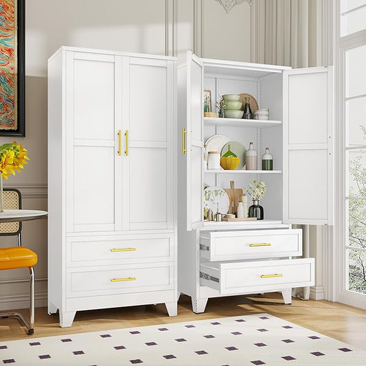 GAIOUS Steel Pantry Cabinet, 71" Metal Storage Cabinets | with 2 Doors, 2 Adjustable Shelf and 2 Drawers, Freestanding Storage Cabinet for Bedroom, Kitchen, Home Office (White)