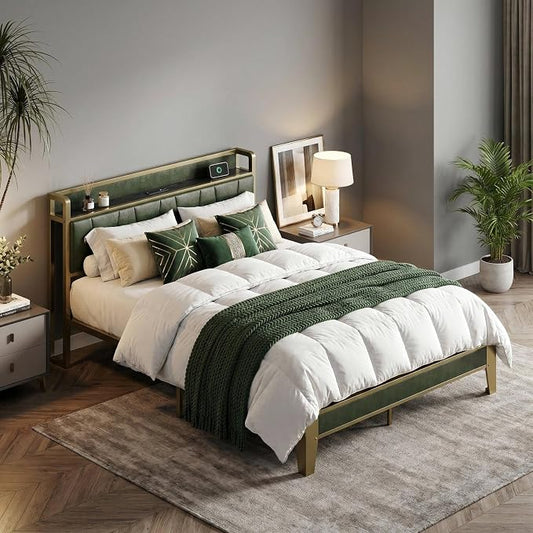 LIKIMIO Full Bed Frame, Storage Headboard with Charging Station, Solid and Stable, Noise Free, No Box Spring Needed, Easy Assembly (Dark Green)