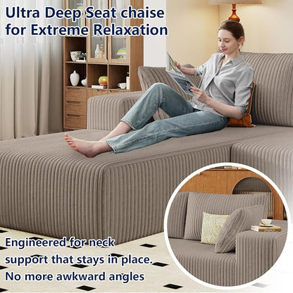 96" Modular Sectional Sofa, Modern Corduroy Cloud Couch with Deep Seat, Boneless Couch Upholstered 3-Seater L-Shaped Sofa for Living Room, No Assembly Required (Camel, Left-Facing Chaise)