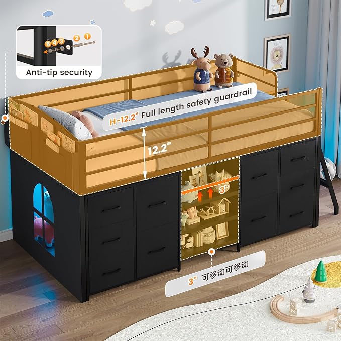ELYKEN Low Loft Bed Twin Size with 10 Storage Drawers,Twin Loft Bed with Bookcase and LED Lights,Metal Kids Loft Bed with Safety Guardrail,Inclined Ladder & Play Curtain, Under-Bed Play Space, Black