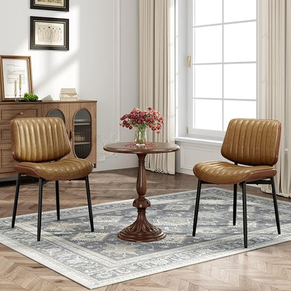 MALOL Leather Dining Chairs Set of 2, Modern Upholstered Dining Room Kitchen Chairs with Metal Legs and Wooden Back Support for Home Dining Room/Restaurant, Light Brown