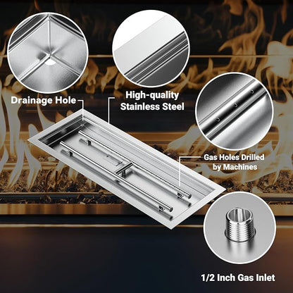 Skyflame 24 x 8 Inch Rectangular Fire Pit Pan Kit, Stainless Steel Drop-in Fire Pit Pan and Burner, Come with Spark Ignition and Propane Hose, Indoor/Outdoor Fire Table DIY Decorative