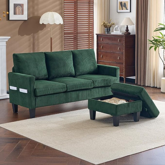 VINGLI 68.5' L Shaped Couch with Movable Storage Ottoman, Convertible Sectional Sofa in Soft Corduroy Fabric, Modern Reversible Chaise Couch for Small Spaces, Apartment, Living Room，Dark Green