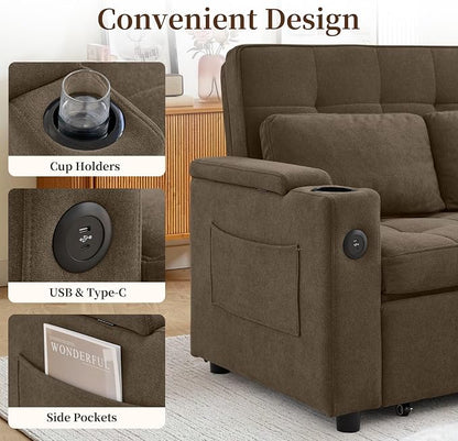 Korser 55.5'' 3-in-1 Convertible Sofa Bed, Pull Out Couch with 5-Position Adjustable Backrest, Loveseat Sleeper Sofa for Small Spaces, Sofa Couch with Cup Holders for Living Room, Office, Chenille