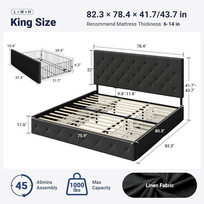 Allewie Upholstered King Size Platform Bed Frame with 4 Storage Drawers and Headboard, Diamond Stitched Button Tufted, Mattress Foundation with Wooden Slats Support, No Box Spring Needed, Dark Grey