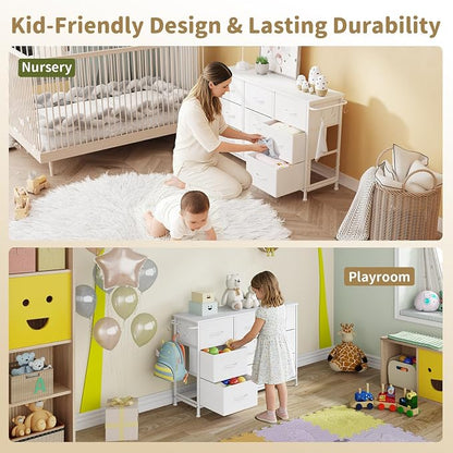 Dresser for Bedroom, Small Fabric Dressers for Kids Bedroom, 9 Drawers Dresser for Closet, Storage Organizer Chest of Drawers for Nursery, Dorm, Apartment, TV Stand, Wooden Top, Side Hooks (White)