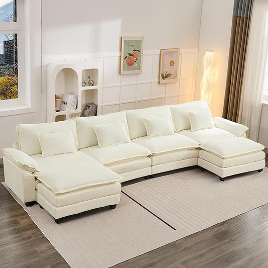 Oprisen 154" Modular Sectional Sofa, Comfy Cloud Couch Sectional Sofa with Ottoman, Chenille Sofa Sleeper Deep Seat Sofa with Throw Pillows for Living Room (Beige White, 154"- U Shape)