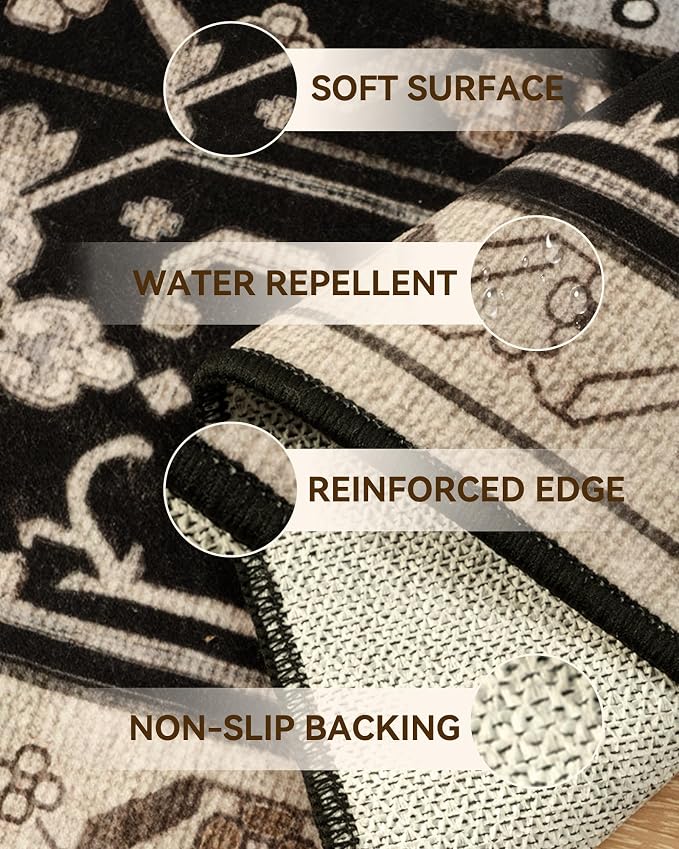 RELEANY Area Rugs Runner 2'x8' Washable Non-Slip, Floral Vintage Distress Medallion Carpet for Kitchen Hallway Bedroom Beside Laundry Room Bathroom, Black Brown Neutral Dark Tan