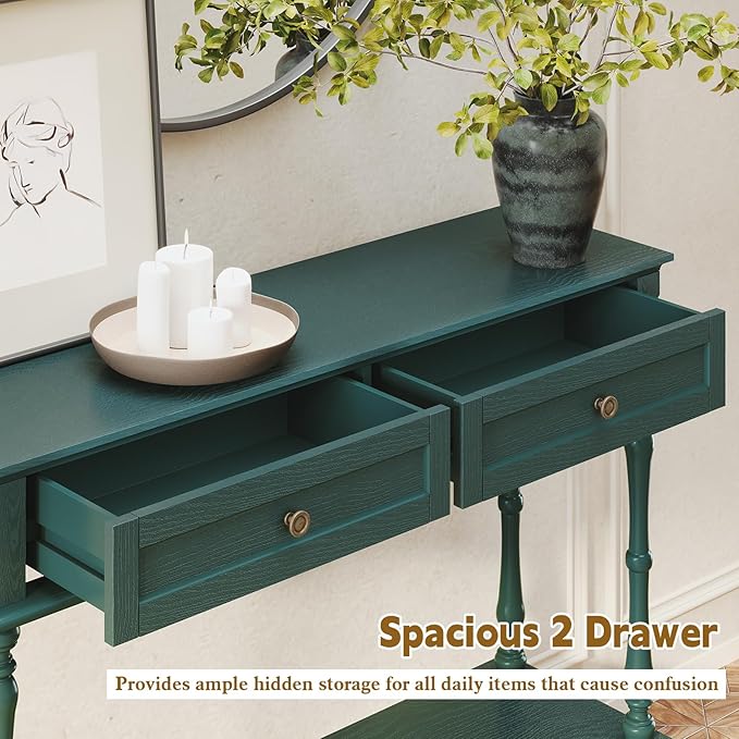 ARTPOWER Console Table for Entryway with 2 Drawers-Minimal Assembly,Green Retro Entryway Table with Storage Cabinets and Open Shelf,Narrow Long Couch Table Behind Sofa for Living Room,Foyer,Hallway