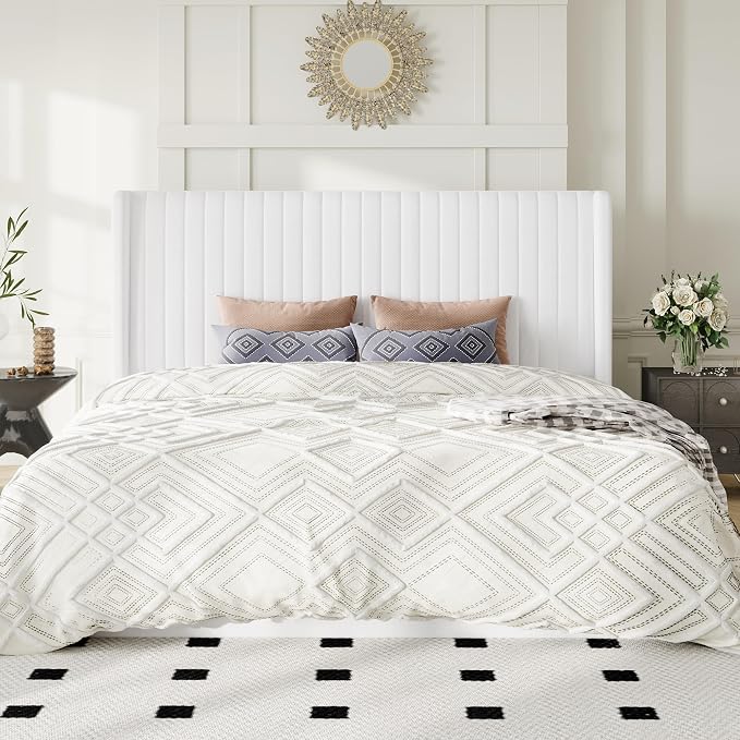 Allewie King Size Lift Up Storage Bed Frame, Hydraulic Support System, Upholstered Platform Bed Frame, Underneath Storage, Vertical Channel Tufted Headboard with Wingback, No Box Spring Needed, White