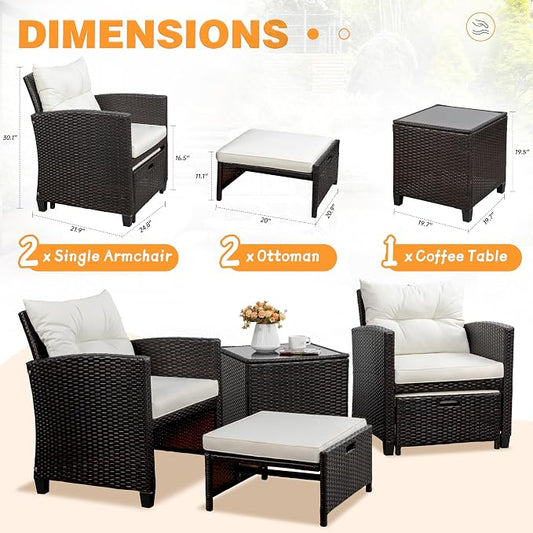 Shintenchi 5 Pieces Patio Furniture Set, Outdoor Wicker Patio Conversation Set with Ottoman, All Weather Rattan Outside Chairs with Coffee Table & Cushion for Porch, Garden, Backyard, Beige