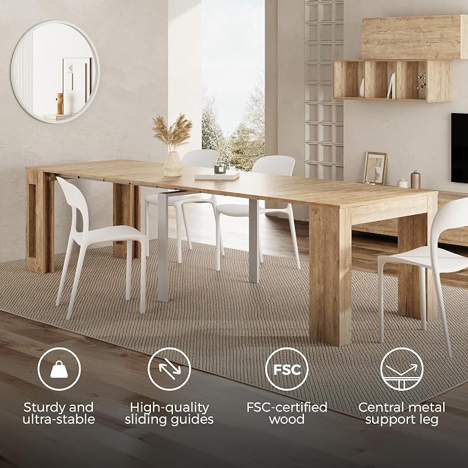 Mobili Fiver, Easy, Extendable Console Table with Extension Leaves Holder, 17.7(120.1) x35.4 in, Oak, Made in Italy