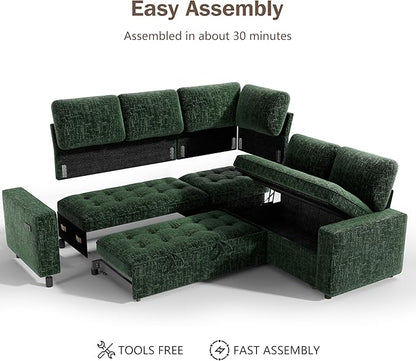 Sunny Heart Modular Sectional Sleeper Sofa with Pull Out Bed, Chenille L Shaped Sectional Sofa with USB Ports/Adjustable Backrest/Storage Seats, Tool-Free Assembly, Couches for Living Room Green