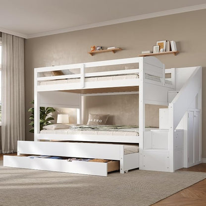RUNNA Twin XL Bunk Bed with Trundle,Storage Stairs,Kids Bedroom,White | Twin XL bunk bed with trundle, storage stairs, solid wood frame, guardrails, no box spring needed, white, space saving