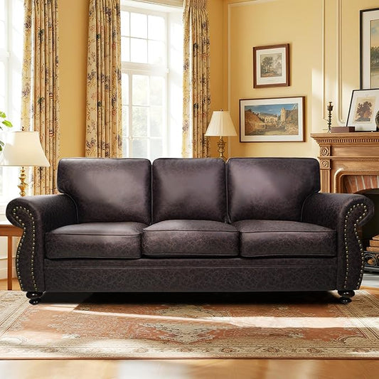 Couchus Mid-Century Vintage Sofa Couches with Rivet Design,3-Seater Sofa,Removable Sofa Cover Upholstered Cushions and Solid Wood Frame (Brown, 3-Seater)