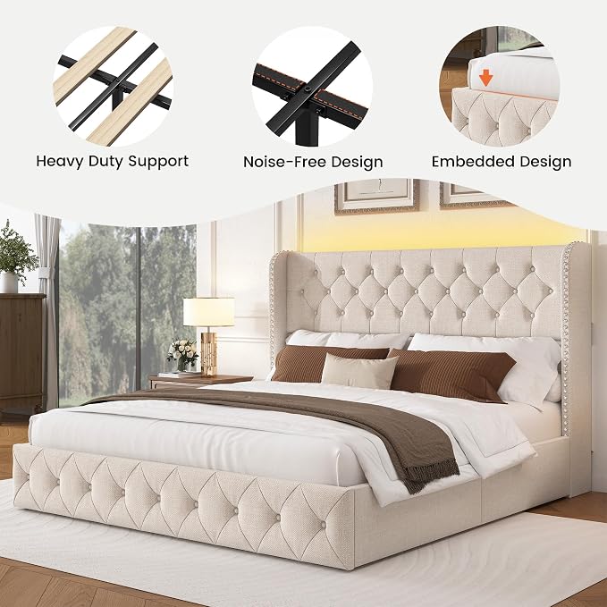 LARMACE King Size Bed Frame with LED Lights and 4 Storage Drawers Linen Upholstered Platform Bed Frame with 47.2" Tall Tufted Headboard Wingback, No Box Spring Needed, Easy to Assemble, Beige