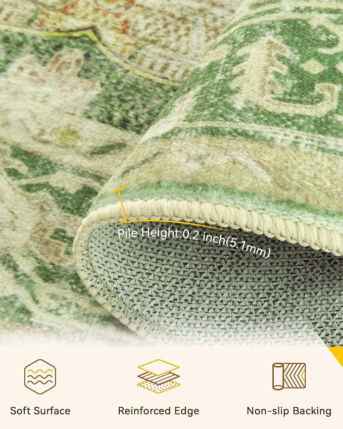 RELEANY Area Rugs Round 5ft Washable Non-Slip, Floral Vintage Distress Medallion Carpet for Living Room Bedroom Dining Room, Sage Green Yellow