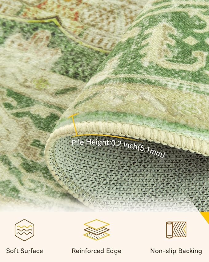RELEANY Area Rugs Round 7ft Washable Non-Slip, Floral Vintage Distress Medallion Carpet for Living Room Bedroom Dining Room, Sage Green Yellow
