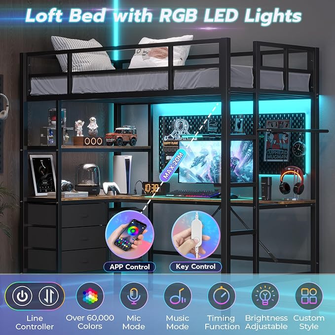 DICTAC Twin Loft Bed with L-Shaped Desk, LED Lights,Charging Station LED Metal Kids Loft Bed Twin Size with 3 Storage Shelves and 3 Fabric Drawers, Safety Guard & Ladder,No Box Spring Needed, Black