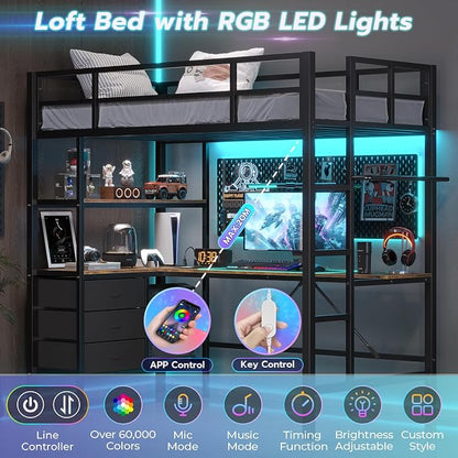 DICTAC Twin Loft Bed with L-Shaped Desk, LED Lights,Charging Station LED Metal Kids Loft Bed Twin Size with 3 Storage Shelves and 3 Fabric Drawers, Safety Guard & Ladder,No Box Spring Needed, Black
