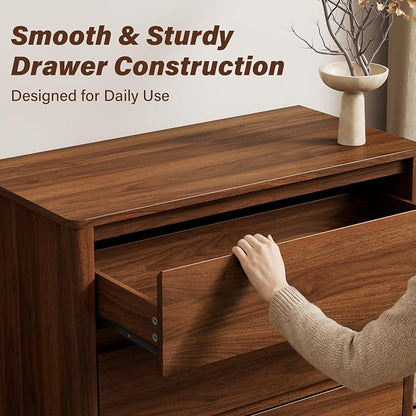 Walnut Dresser for Bedroom, 5 Drawer Dresser with Wood Legs, Tall Wood Dresser, Mid Century Modern Chest of Drawers, Large Storage Bedroom Furniture, Walnut