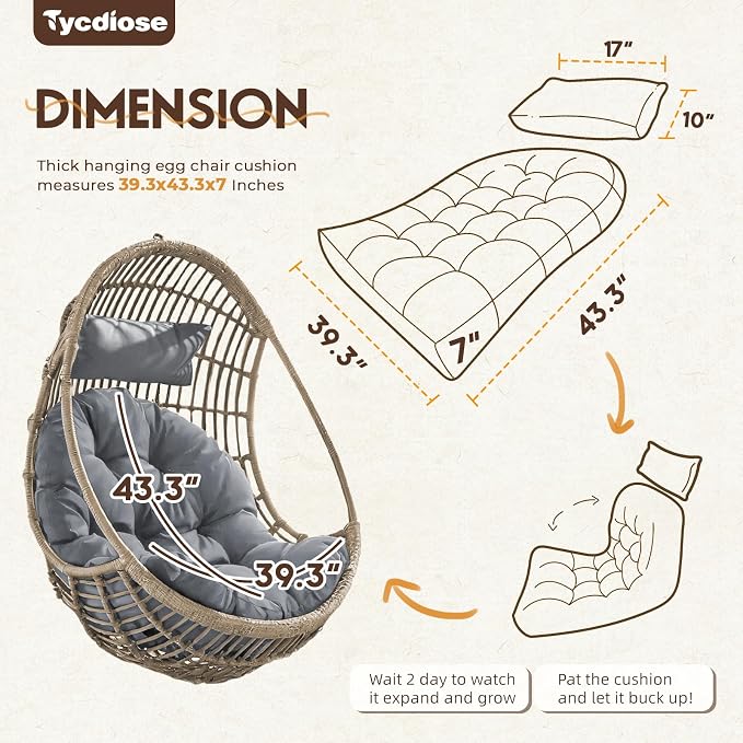 Outdoor Hanging Egg Chair Cushion Replacement, Thicken Egg Chair Cushion Waterproof Basket Eggs Chairs Cushion with Headrest Pillow, U-Shaped Cushions for Hanging Eggs Chairs Swing (Grey)