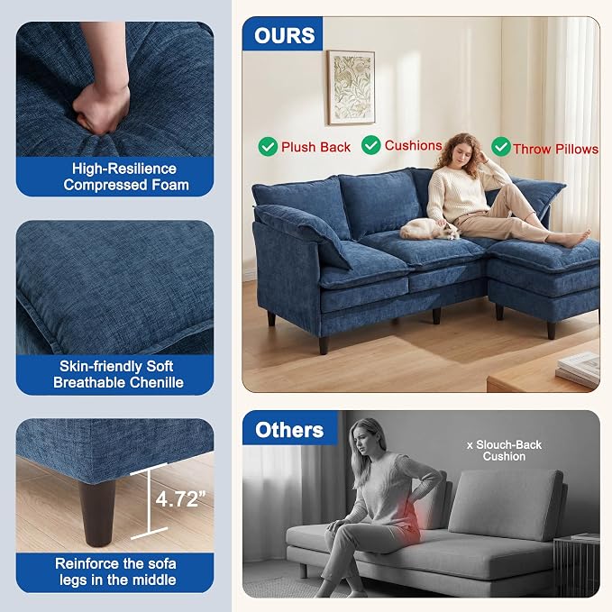3 Seater L-Shape Couch Sofa with Ottoman, 69" Small Couch Modern Comfy Cloud Chenille Sofa 23" Deep with Washable Pillow Cover Couches for Living Room Bedroom Apartment Office 69-Blue-L