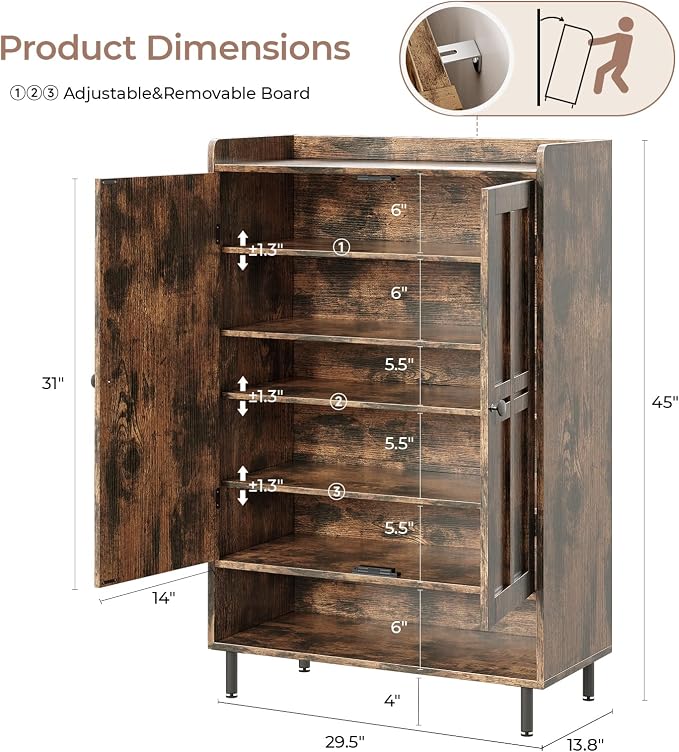 Shoe Storage Cabinet with 2 Doors, 6-Tier Shoe Cabinet with 3 Adjustable Shelves and Metal Legs, 45'' Tall Shoe Rack Organizer Cabinet for Entryway, Front Door, Rustic Brown