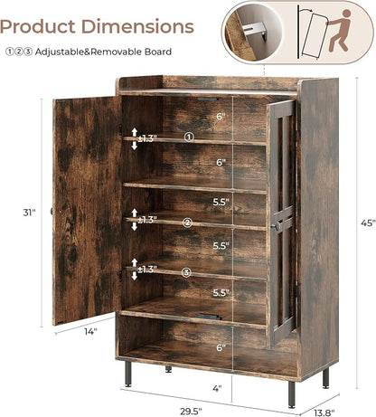 Shoe Storage Cabinet with 2 Doors, 6-Tier Shoe Cabinet with 3 Adjustable Shelves and Metal Legs, 45'' Tall Shoe Rack Organizer Cabinet for Entryway, Front Door, Rustic Brown