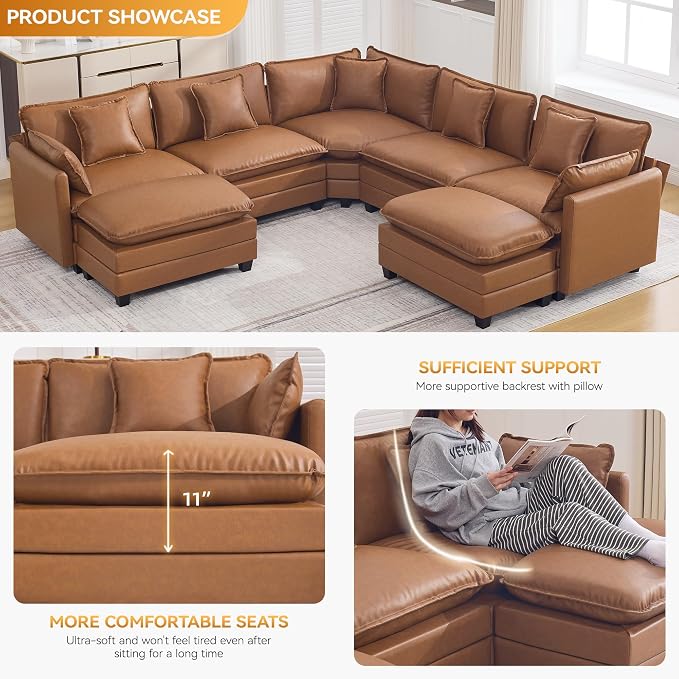 137'' V Shaped Cloud Sectional Sofa, Oversized Deep Seat Leather Couches for Living Room, Comfy Upholstered Modular Sectional Sofa Couch with 2 Movable Ottoman, Leather Light Brown