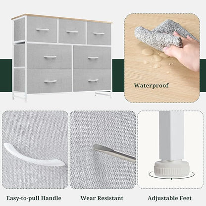 7-Drawer Dresser for Bedroom, Anti-Tip Wide Storage Organizer Fabric Chest of Drawers TV Stand for 45" TV with Wooden Top and Metal Frame for Closet, Living Room, Hallway, Entryway, Light Gray