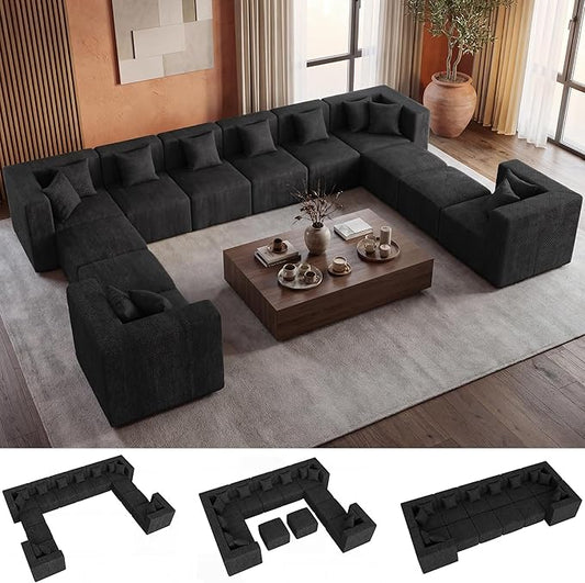 MONVANE Modular Sectional Sofa, Oversized 12 Seat Convertible U Shaped Couch with Ottoman, Comfy Chenille Cloud Couch with Deep Seat, Sectional Couches for Living Room, No Assembly Required, Black