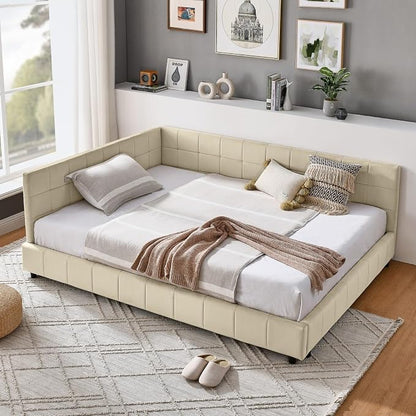 KEIKI Full Size L Shape Corner Bed Frames with Backrest and Armrests, Velvet Upholstered Sofa Daybed for Small Room, Living Room, Bedroom, Guest Room, Kids' Room
