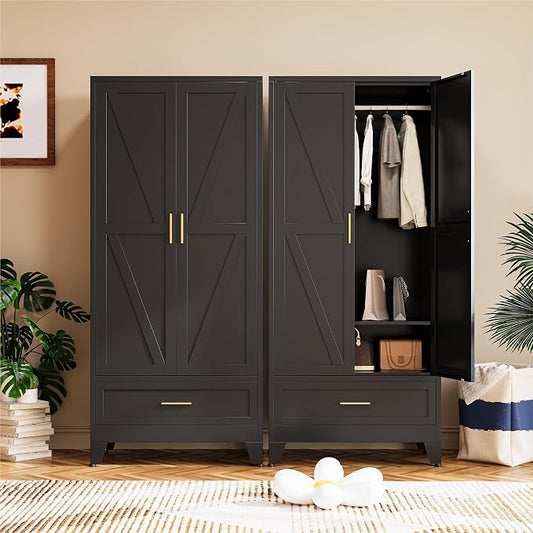 COFaR Modern Black Metal Wardrobe Closet, 71" Tall Steel Armoire with Drawer, Hanging Rod & Adjustable Shelf, 2-Door Freestanding Storage Cabinet for Bedroom, Closet Organization (Black)