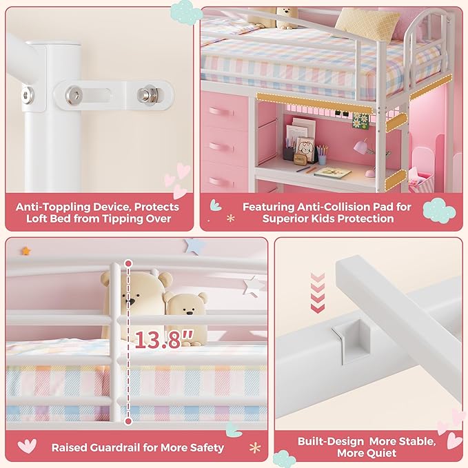 Low Loft Bed Twin Size with 7 Storage Drawers, Desk and LED Lights, Heavy Duty Metal Kids Loft Bed with 13.8" H Safety Guardrail, Anti-Collision Pad, Private Play Curtain, Under-Bed Play Space - Pink