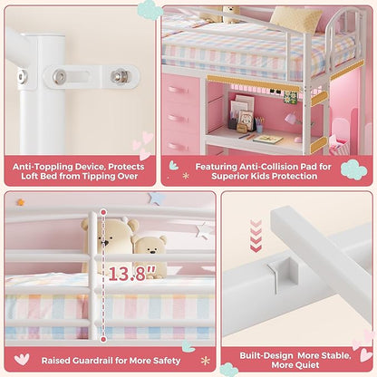 Low Loft Bed Twin Size with 7 Storage Drawers, Desk and LED Lights, Heavy Duty Metal Kids Loft Bed with 13.8" H Safety Guardrail, Anti-Collision Pad, Private Play Curtain, Under-Bed Play Space - Pink