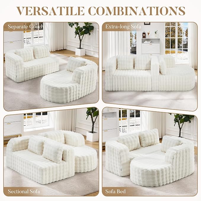 Hobestluk Modular Sectional Sofa Couches L-Shape Couch 3 Seat Modular Sofa Memory Foam Sectional Couches for Living Room, Cloud Couch (Round Eider White, 96", Right Hand Facing)