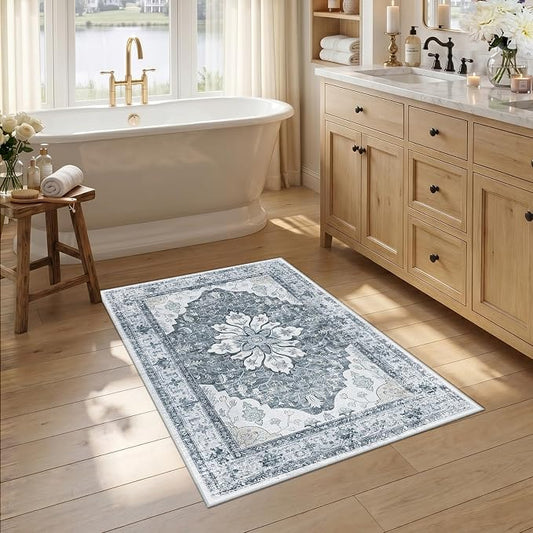 RELEANY Area Rugs Small 2'6"x4' Washable Non-Slip, Floral Vintage Distress Medallion Carpet for Kitchen Entryway Bathroom, Light Gray Grey White