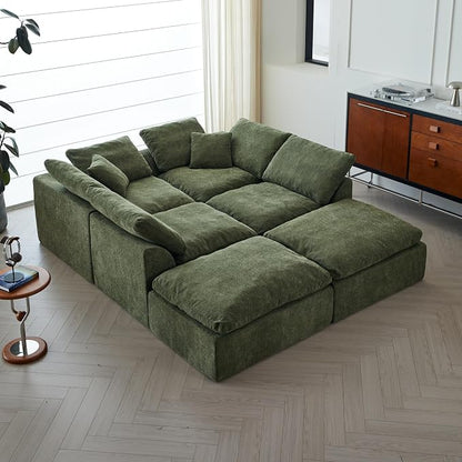 138" Boneless Cloud Couch Sectional for Living Room, Oversized Modular U Shaped Sofa with Double Chaise, Deep Seat Chenille Sectional Couch for Cloud-Like Comfort (6-Seater Green)