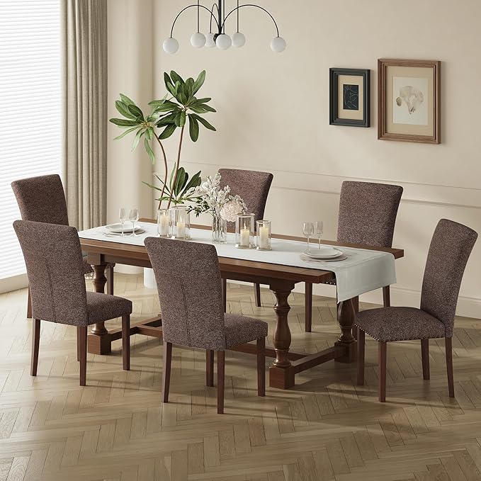 COLAMY Upholstered Dining Chairs Set of 6, Parsons Nailhead Dining Room Kitchen Chairs with Wood Legs - Brown