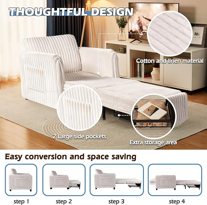 Sleeper Chair, 84" Extra Long Convertible Chair Bed, Upgraded 3-in-1 to 4-in-1 Pull Out Chair & Single Sofa Bed for Adult, Sleeping Chairs for Living Room, Small Space Faux Rabbit Fur White