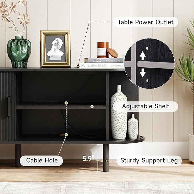 ONBRILL 63" TV Stand with Power Outlet for TVs up to 70 Inch, Entertainment Center with Storage and Adjustable Shelves, Modern Media Console with Sliding Doors for Living Room, Black