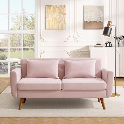 Tbfit 65" W Loveseat Sofa, Velvet Mid Century Modern Love Seat Couches for Living Room, Button Tufted Upholstered Small Couch for Bedroom, Solid and Easy to Install Love Seats Furniture, Pink