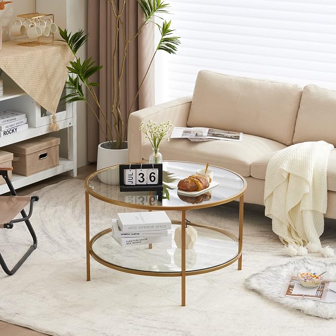 VINGLI Glass Coffee Table,30" Round Coffee Table Gold Coffee Tables for Living Room,2-Tier Glass Top Coffee Table with Storage Clear Coffee Table,Simple & Modern Center Table Mesa de Centro para Sala