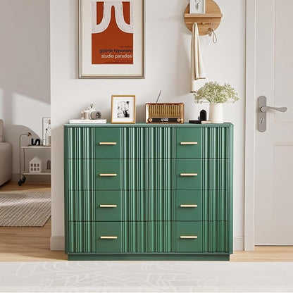 Fluted Dresser for Bedroom with 8 Drawers, 47" Wide Mid Century Modern Chest of Drawers, Wooden Dresser TV Stand, Wood Closet Clothes Storage Organizer for Living Room Hallway, Green