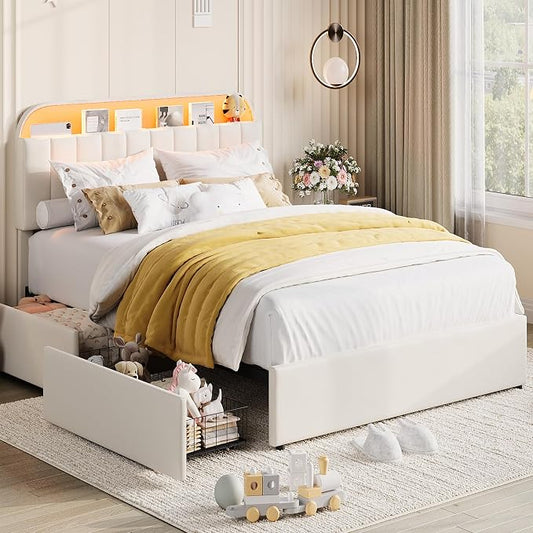 Garvee Full Size Bed Frame with 2 Flexible Drawers, Velvet Upholstered Platform Bed Frame with Bookcase Headboard and LED Lights, Kids Bed for Girls, Easy Assembly, Noise Free, Beige