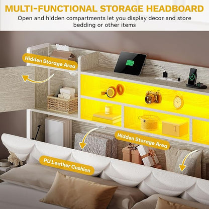 DWVO King Size Bed Frame with RGB LED Lights & Storage Bookcase Headboard, Upholstered Bed with Charging Station and 4 Drawers, No Box Spring Needed, Easy Assembly, Noise-Free, PU Leather White