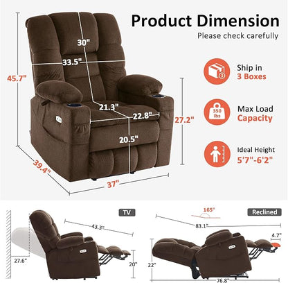 MCombo Triple Motor Lay Flat Power Lift Recliner Chair for Tall Elderly, Infinite Position, Massage, Dual Heating, Adjustable Headrest, Fabric 7634 (Coffee, Large)