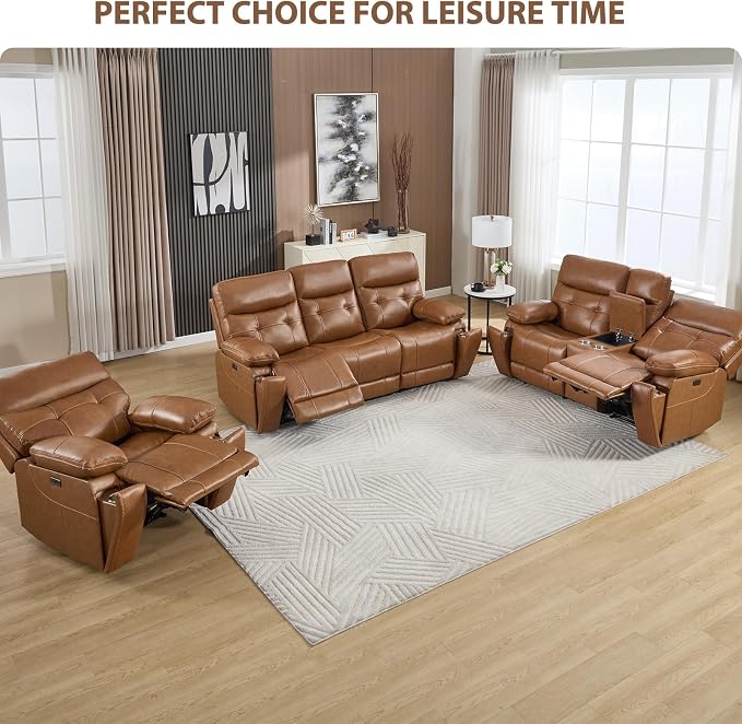CANMOV Genuine Leather Power Reclining Sofa Set,Living Room Furniture Sofa Set,Power Recliner Chair,Loveseat and Sofa with Storage Console, USB Ports, Cup Holders for Living Room,Brown
