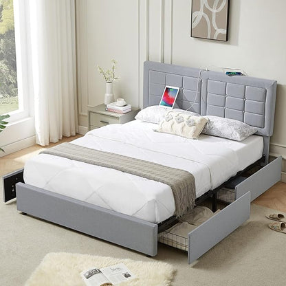VECELO Full Size Bed Frame with 4 Drawers, Adjustable Tufted Button Headboard, Upholstered Platform with Wood Slats Support, Built-in USB and Type C Ports, Light Grey
